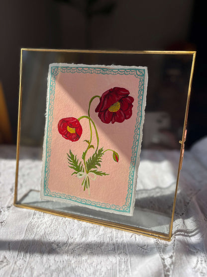 Original August Birth Month Flower Art – Poppy Flower Painting on Handmade Watercolor Paper – Hand-Painted Vintage Botanical Wall Art
