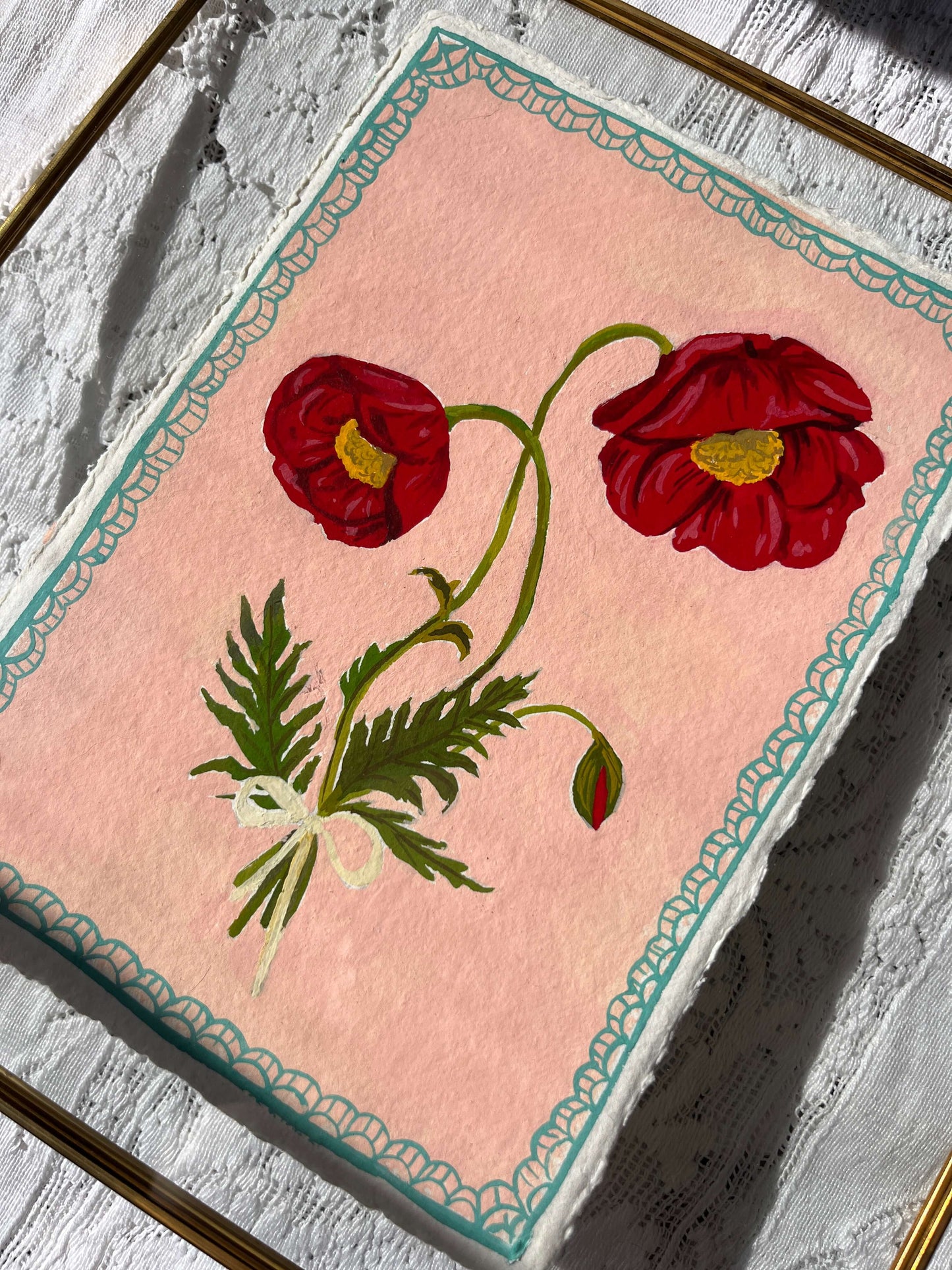 Original August Birth Month Flower Art – Poppy Flower Painting on Handmade Watercolor Paper – Hand-Painted Vintage Botanical Wall Art