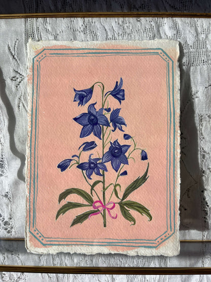 Original July Birth Month Flower – Larkspur Flower Painting on Handmade Paper – Vintage Botanical Wall Art for Positivity & Charm