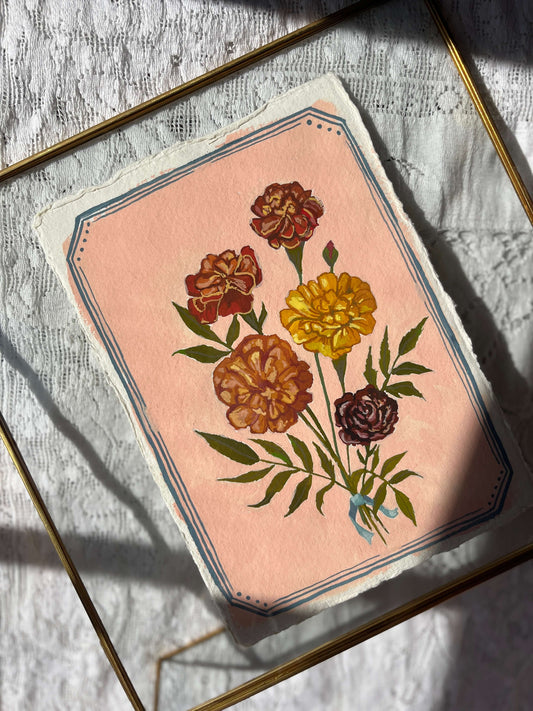Original October Birth Month Flower Art Marigold Flower Painting – Marigold Flower Painting on Handmade Paper – Vintage Botanical Artwork