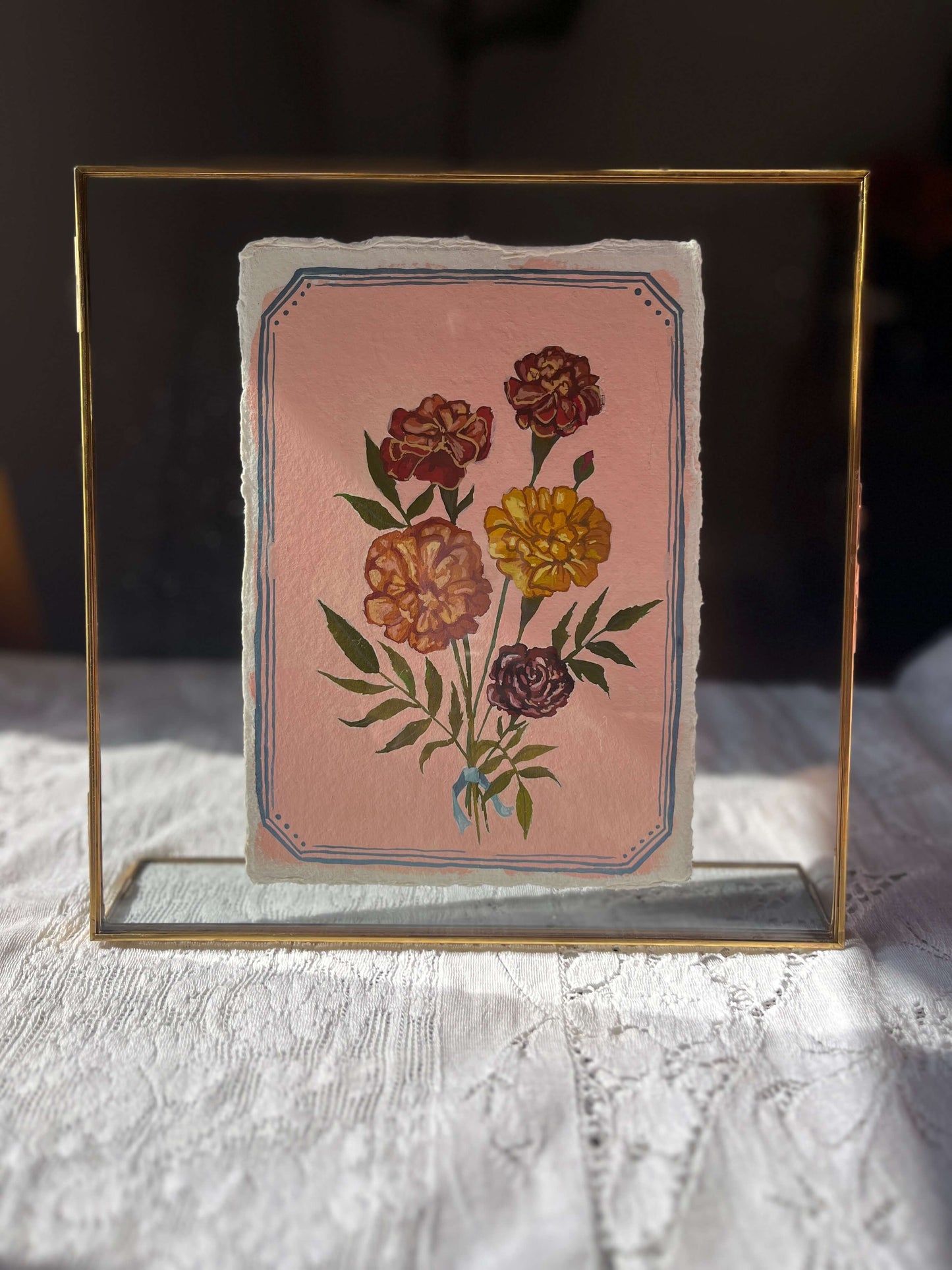 Original October Birth Month Flower Art Marigold Flower Painting – Marigold Flower Painting on Handmade Paper – Vintage Botanical Artwork