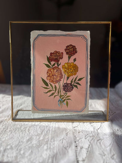 Original October Birth Month Flower Art Marigold Flower Painting – Marigold Flower Painting on Handmade Paper – Vintage Botanical Artwork