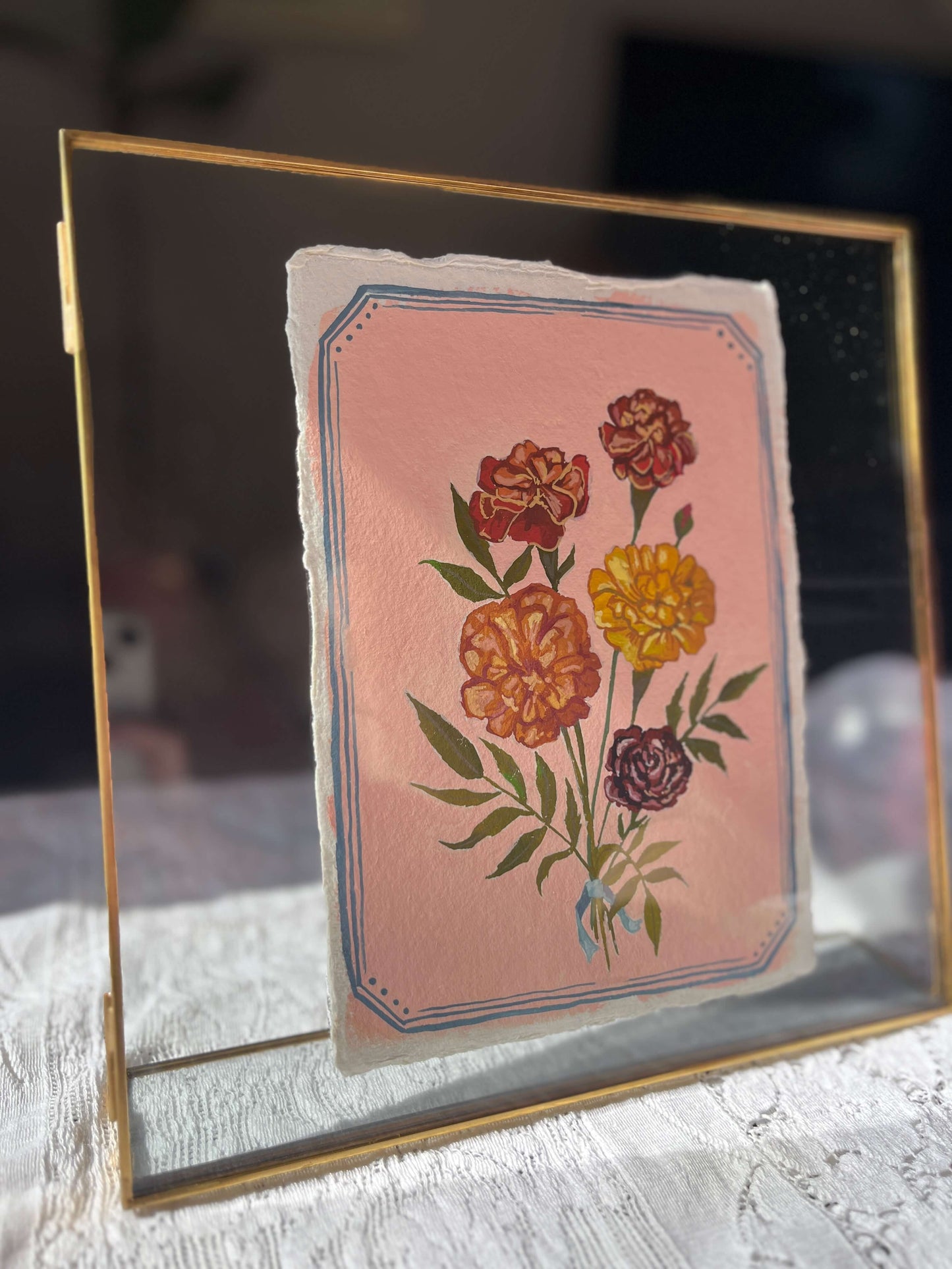 Original October Birth Month Flower Art Marigold Flower Painting – Marigold Flower Painting on Handmade Paper – Vintage Botanical Artwork