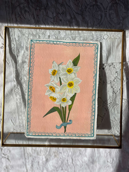 Original December Birth Month Flower Art– Narcissus Flower Painting on Handmade Paper – Vintage Botanical Artwork of Prosperity & Hope