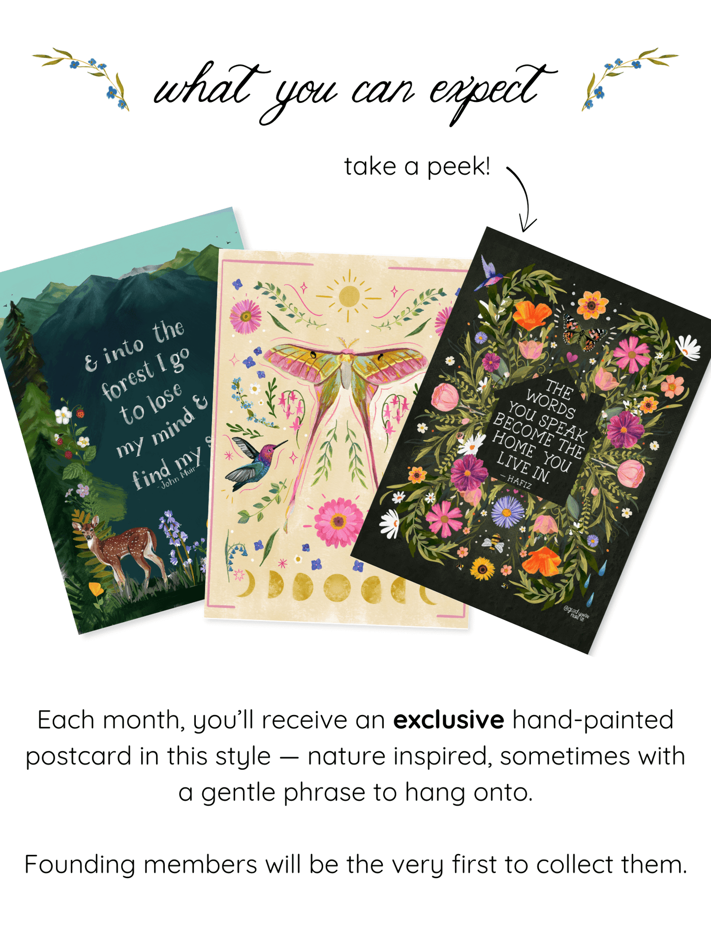 Join the Wild Petals Postal Service — a monthly snail mail art club delivering hand-painted postcards, stickers, and heartfelt notes to brighten your days.