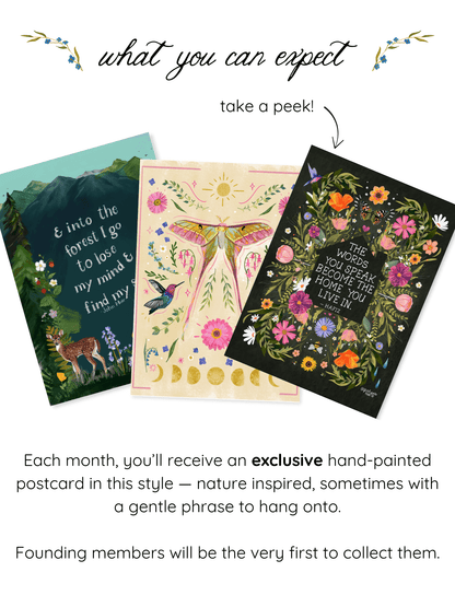 Join the Wild Petals Postal Service — a monthly snail mail art club delivering hand-painted postcards, stickers, and heartfelt notes to brighten your days.
