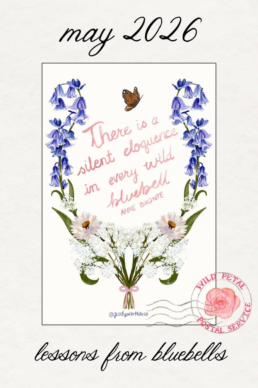 Wild Petlas snail mail postcard club May 2026 with floral design and quote about bluebells.