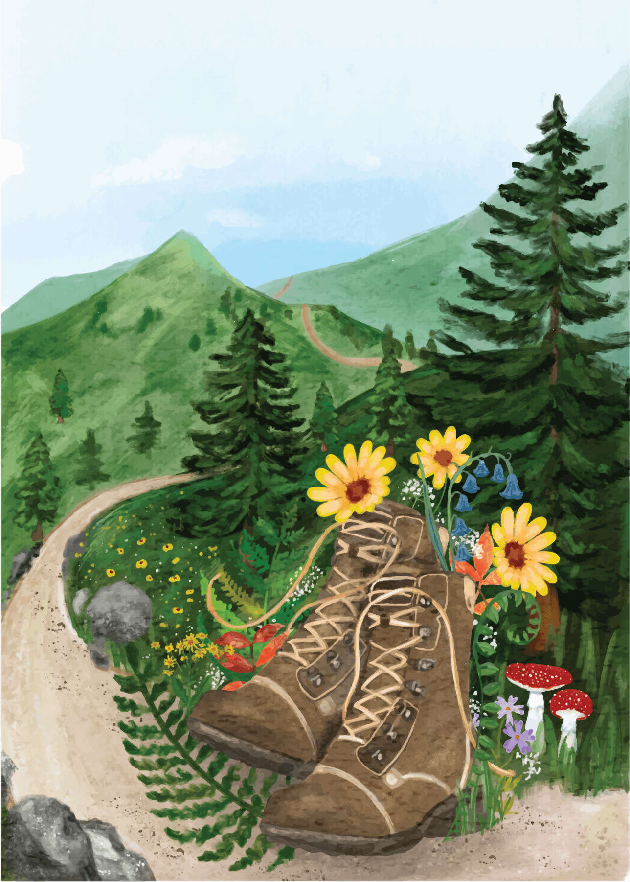 Hand-painted postcard of hiking boots, mountains, and wildflowers from the Wild Petals Postal Service monthly subscription.