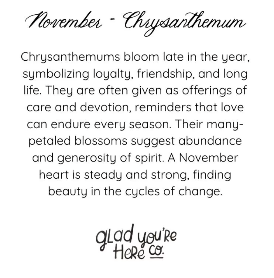 A text-based graphic with the heading 'November - Chrysanthemum' and a paragraph describing the symbolism of chrysanthemums in November. The text is black on a white background, with 'glad you're Here co.