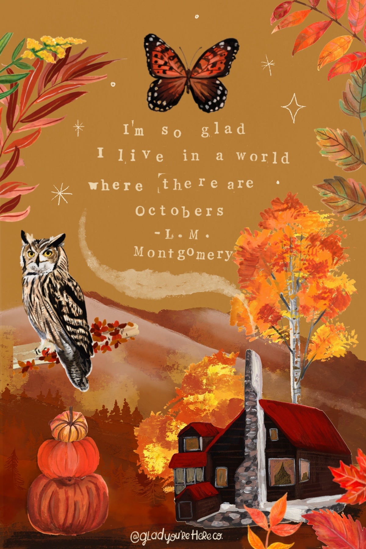 Hand-painted autumn postcard with owl, pumpkins, cottage, and L.M. Montgomery quote from the Wild Petals monthly art subscription