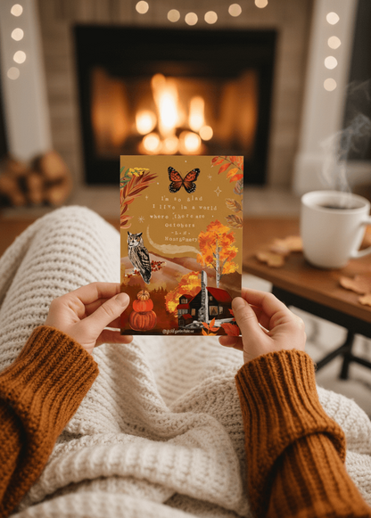 Person holding a book with a warm autumn-themed cover in front of a cozy fireplace.