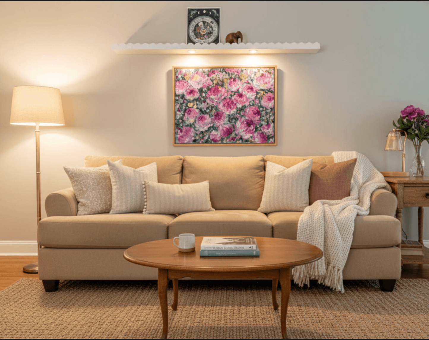 Living room with beige sofa, wooden coffee table, and floral artwork on the wall.