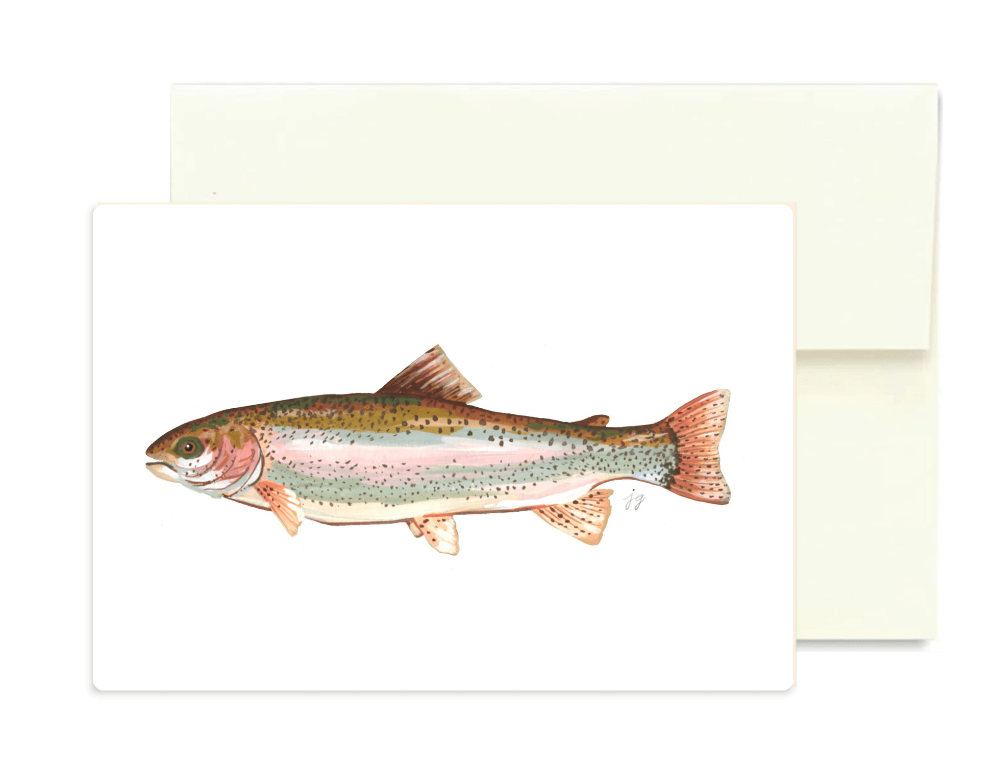 A white greeting card featuring a detailed watercolor illustration of a rainbow trout, shown with a matching cream envelope behind it on a white background.