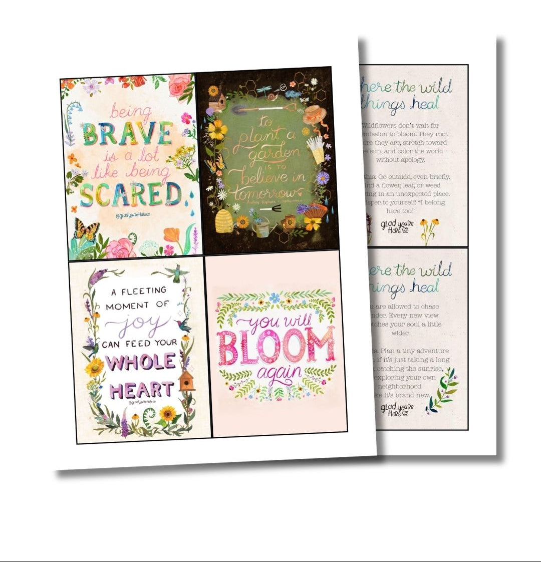 Four printable affirmation cards shown on a white background with the title 'A Soft Place to Start' and the subtitle '4 printable affirmation cards, front and back.' The cards feature colorful floral and nature-themed affirmations, including 'being BRAVE in a lot of ways I am SCARED.