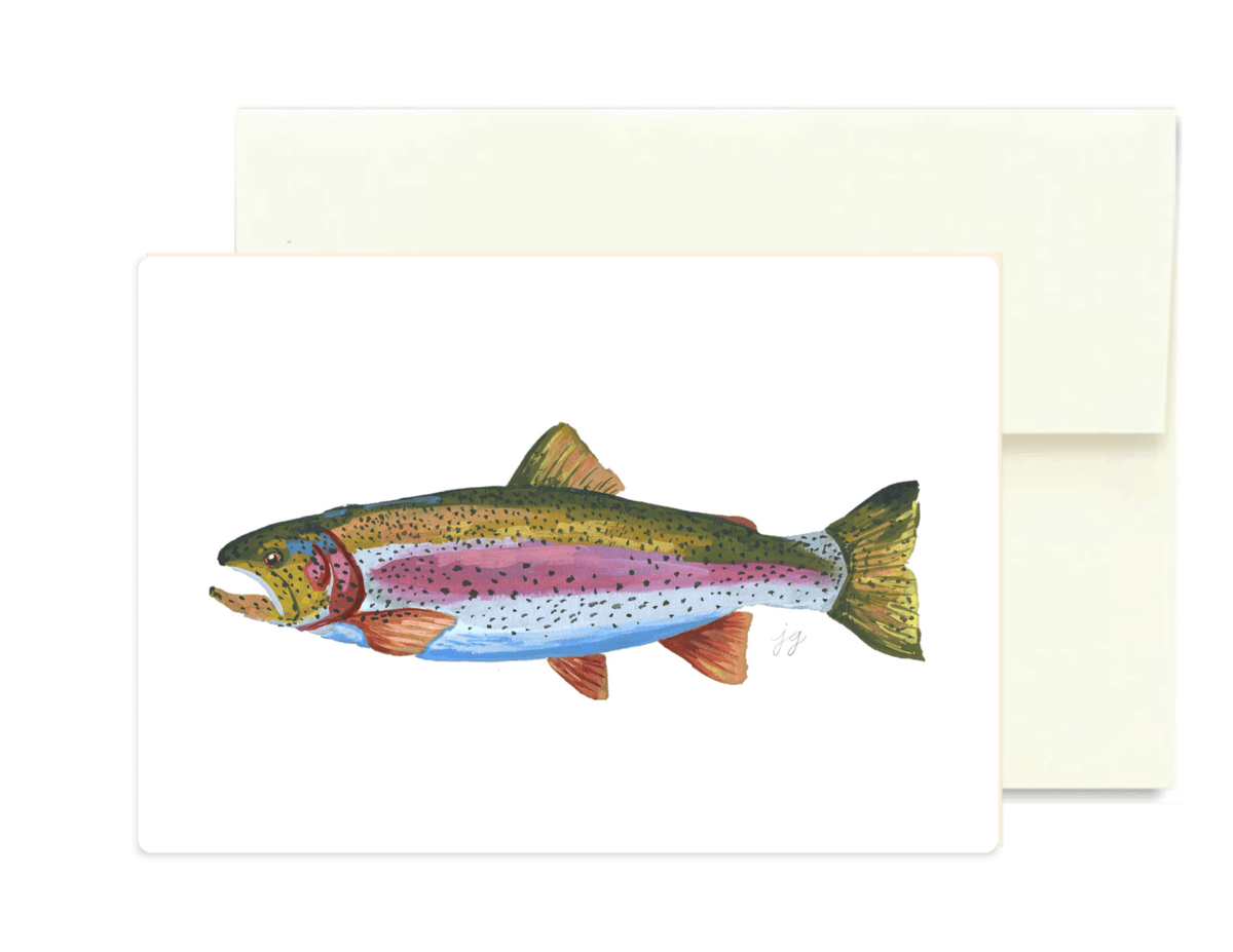 A white rectangular card featuring a detailed watercolor-style illustration of a rainbow trout, shown with a cream envelope behind it on a white background.