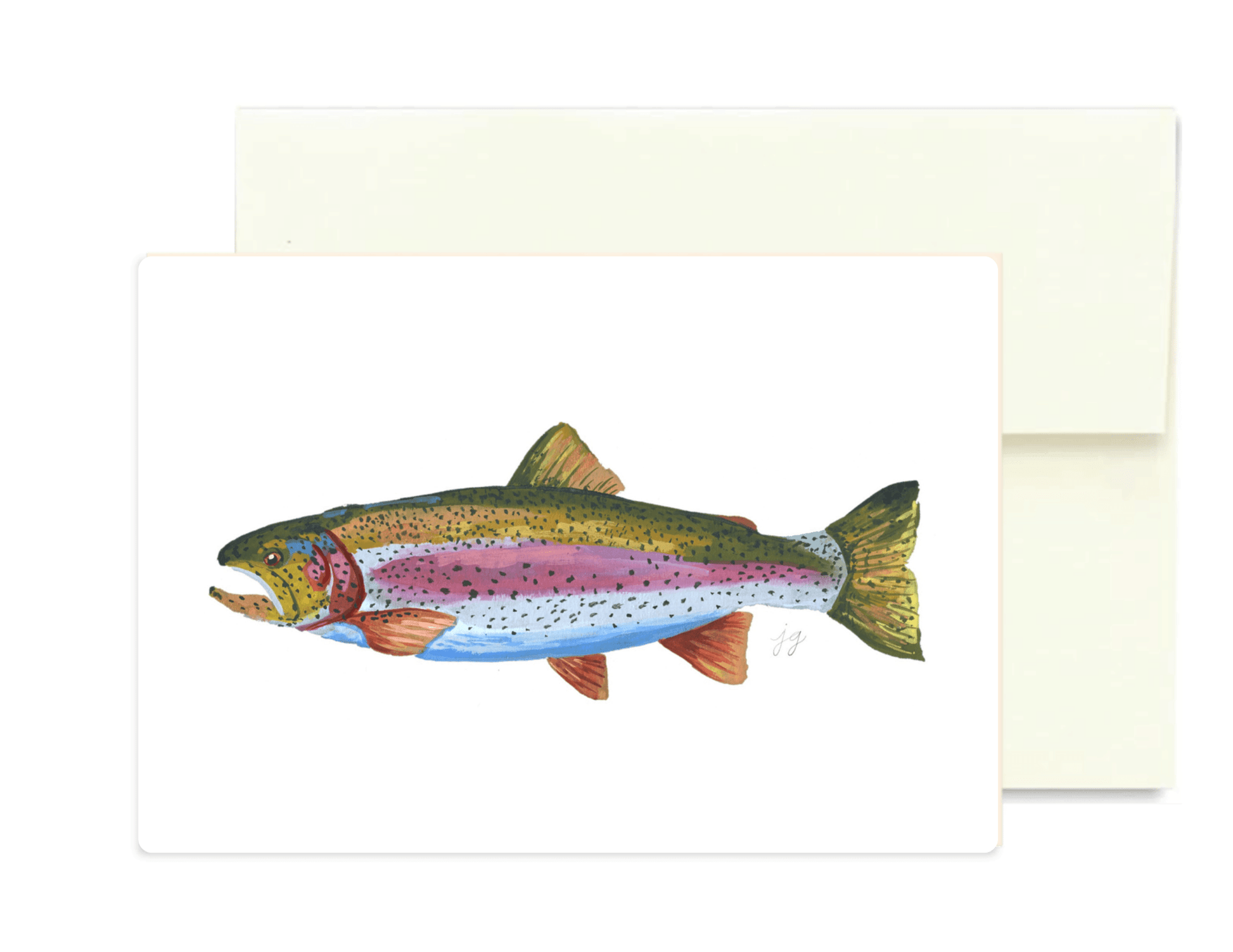 A white rectangular card featuring a detailed watercolor-style illustration of a rainbow trout, shown with a cream envelope behind it on a white background.