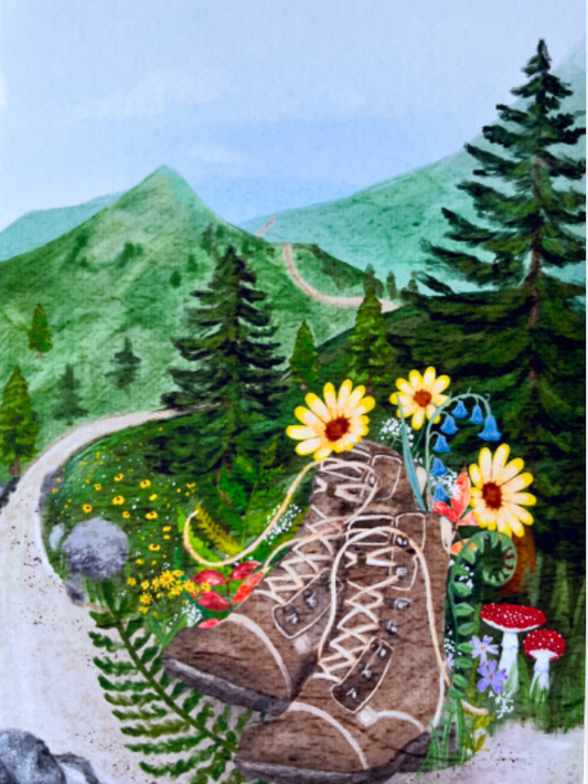 Forest Journey Art Print – Hiking Boots & Wildflower Scene | Satin-Finish Photo Paper, 5×7 • 8×10 • 11×14 (Quote Option Available)