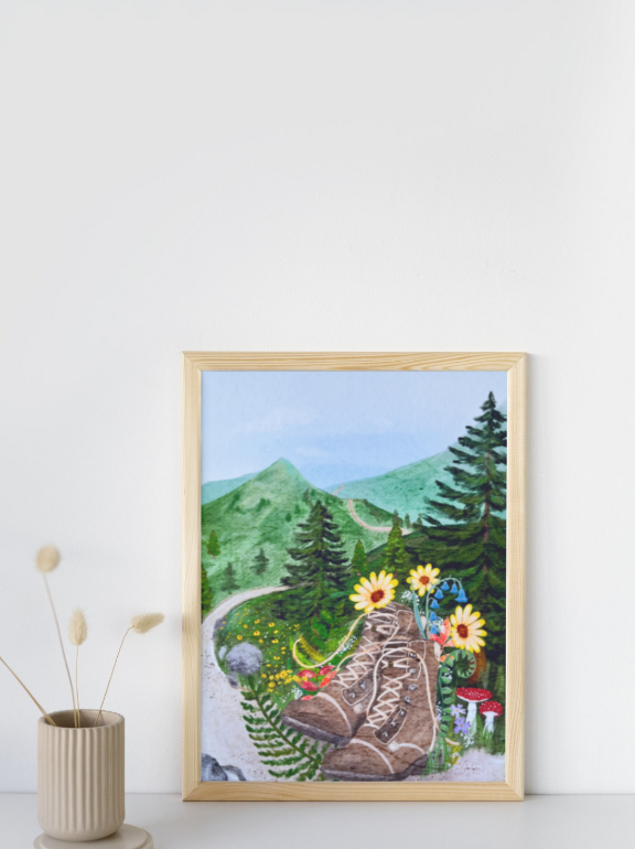 Forest Journey Art Print – Hiking Boots & Wildflower Scene | Satin-Finish Photo Paper, 5×7 • 8×10 • 11×14 (Quote Option Available)