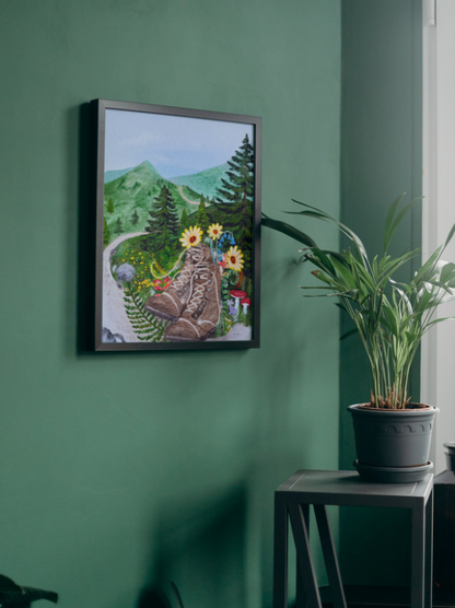 Forest Journey Art Print – Hiking Boots & Wildflower Scene | Satin-Finish Photo Paper, 5×7 • 8×10 • 11×14 (Quote Option Available)