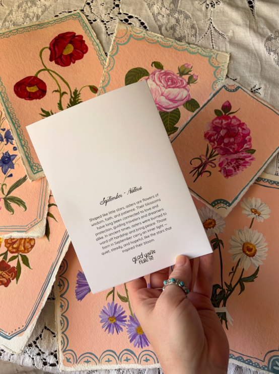 September Birth Month Flower Greeting Card– Aster Flower Painting Birthday Card – Vintage Botanical Card with Envelope