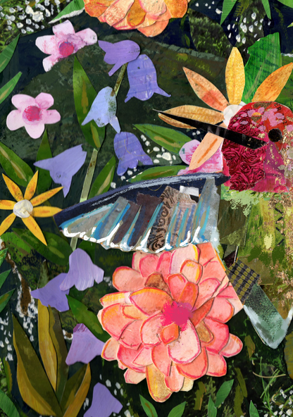 Hummingbird Garden Collage Art Print | Nature-Inspired Mixed Media Wall Decor, Botanical Hummingbir Illustration, Blooming Garden Art