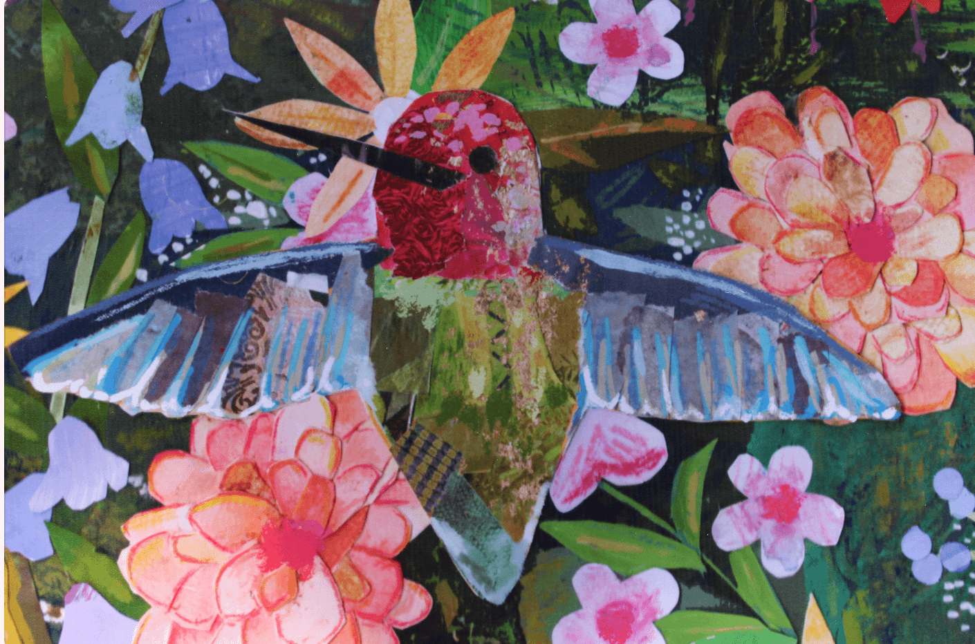Hummingbird Garden Collage Art Print | Nature-Inspired Mixed Media Wall Decor, Botanical Hummingbir Illustration, Blooming Garden Art