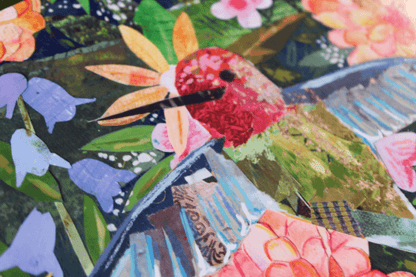 Hummingbird Garden Collage Art Print | Nature-Inspired Mixed Media Wall Decor, Botanical Hummingbir Illustration, Blooming Garden Art