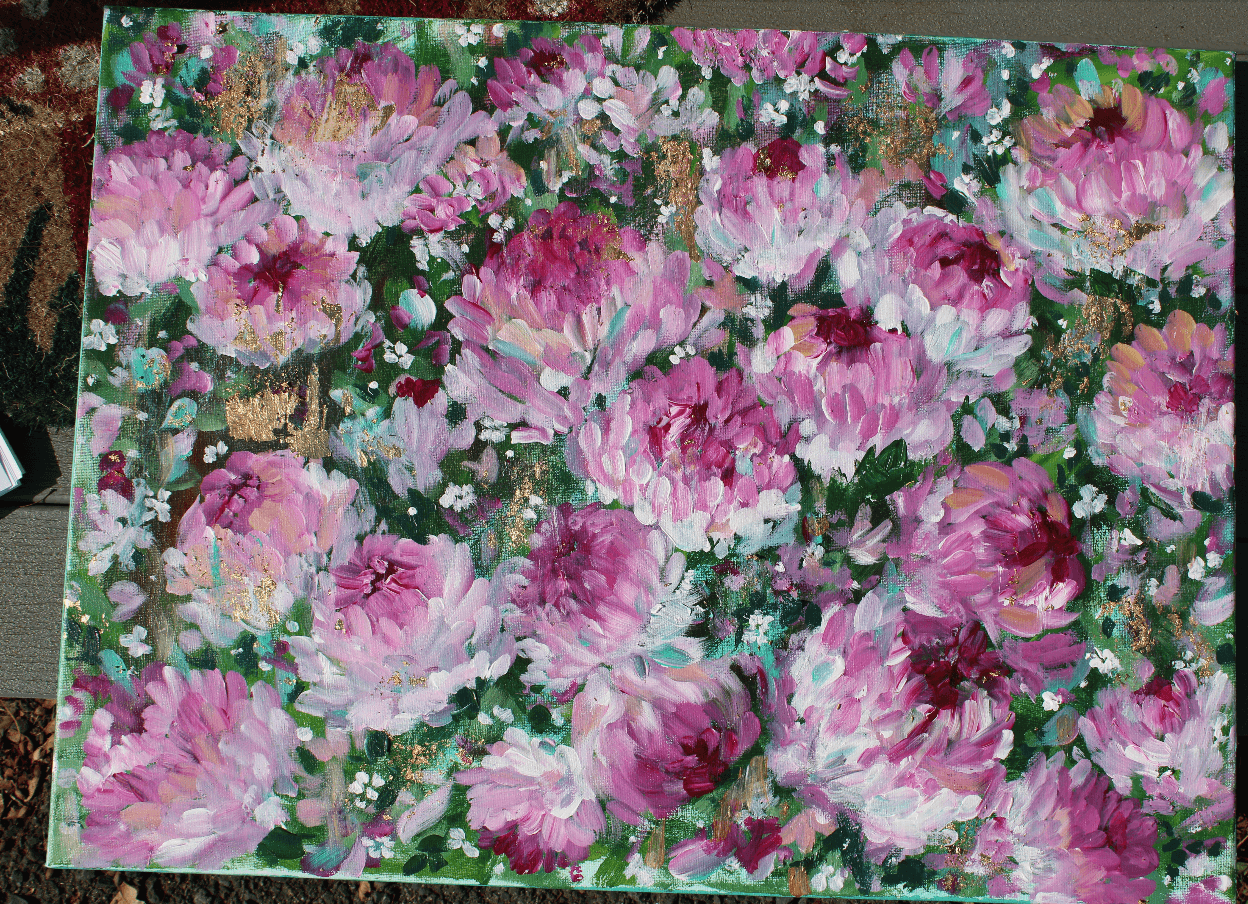 Original Acrylic Painting on 16x20 Canvas with Gold Flecks • Pink Floral Abstract Wall Art • Modern Flower Artwork for Home Decor