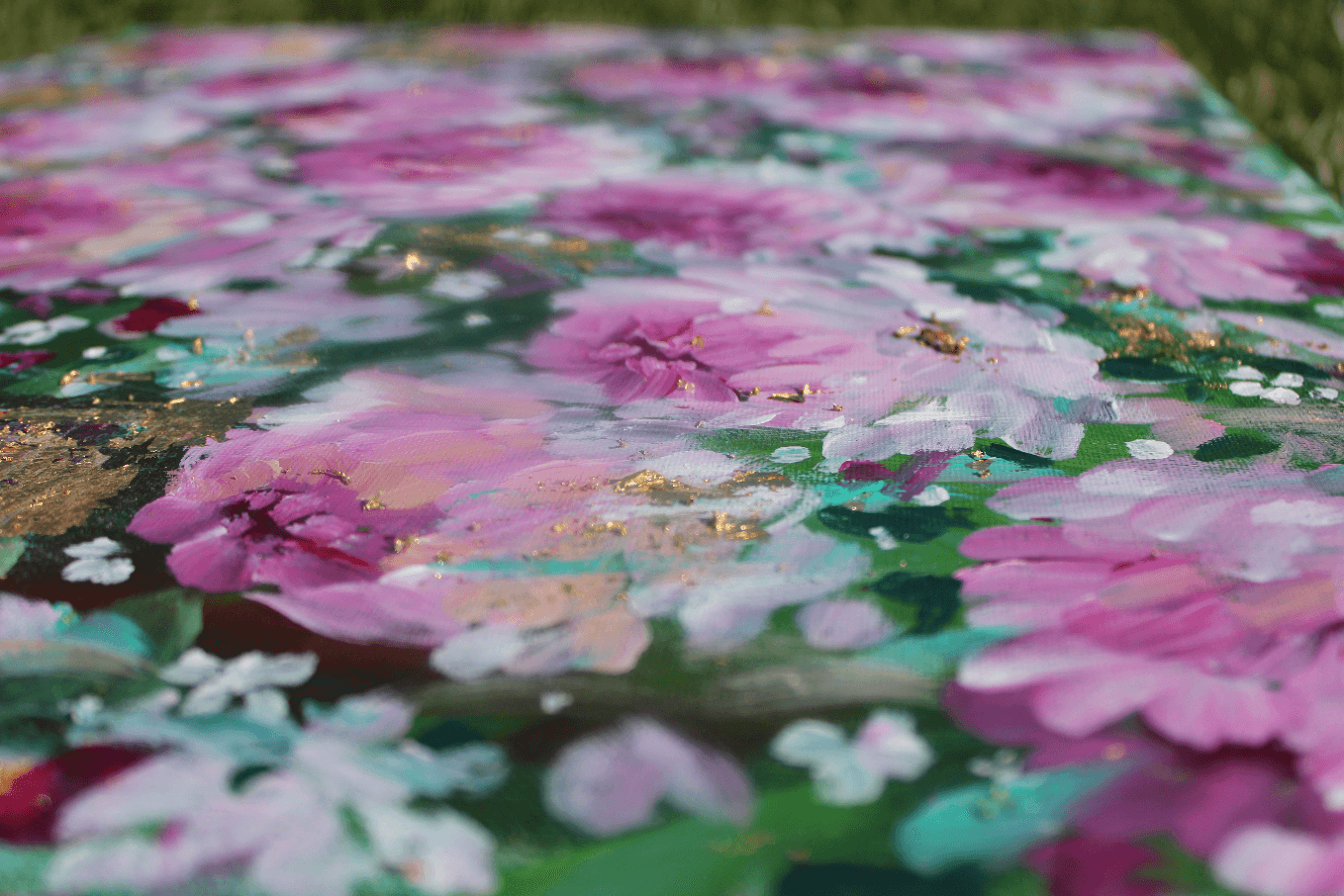 Original Acrylic Painting on 16x20 Canvas with Gold Flecks • Pink Floral Abstract Wall Art • Modern Flower Artwork for Home Decor