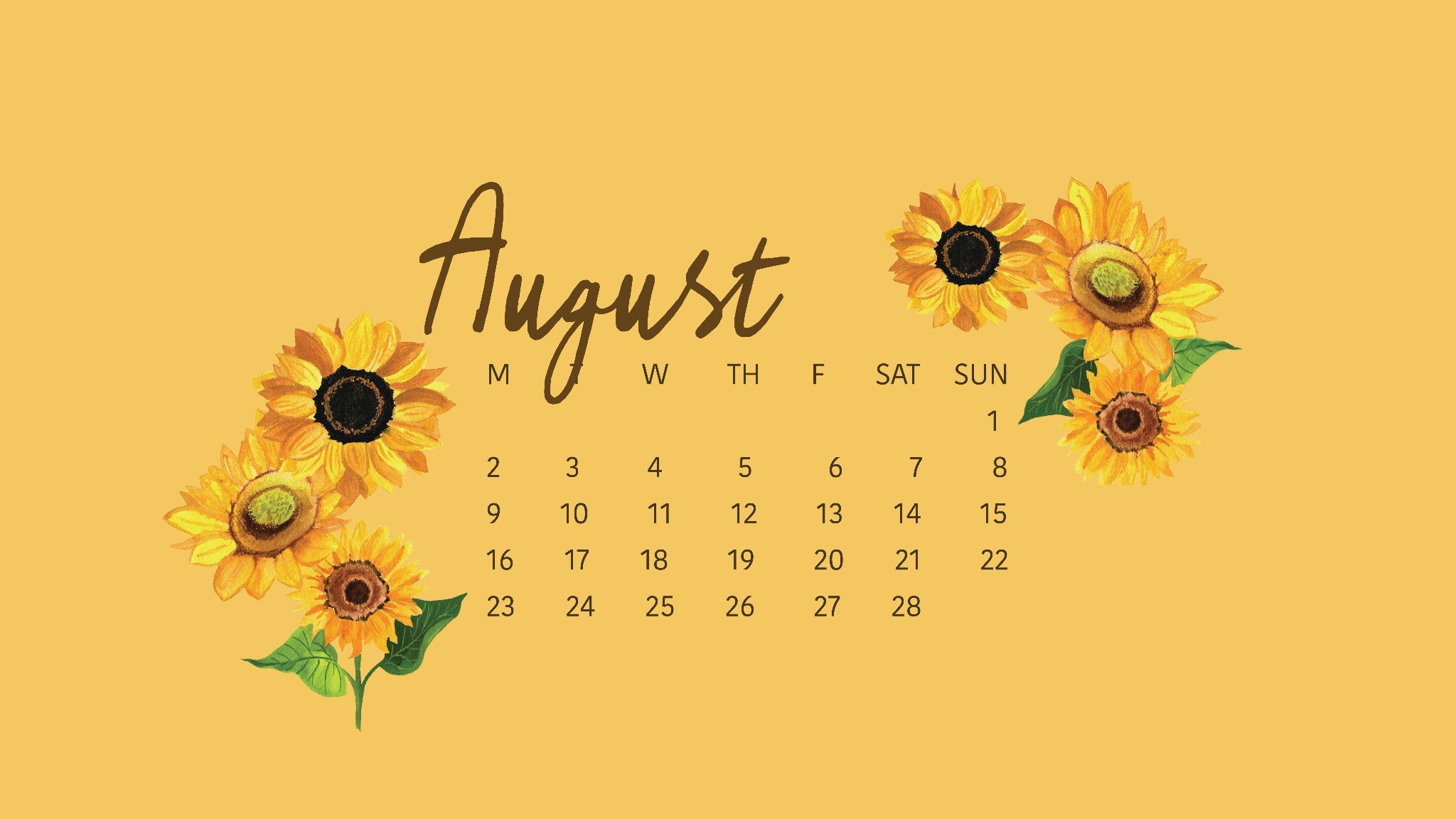 August calendar with sunflowers on a yellow background