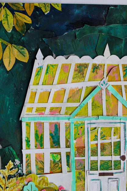 Collage of a colorful house with greenery