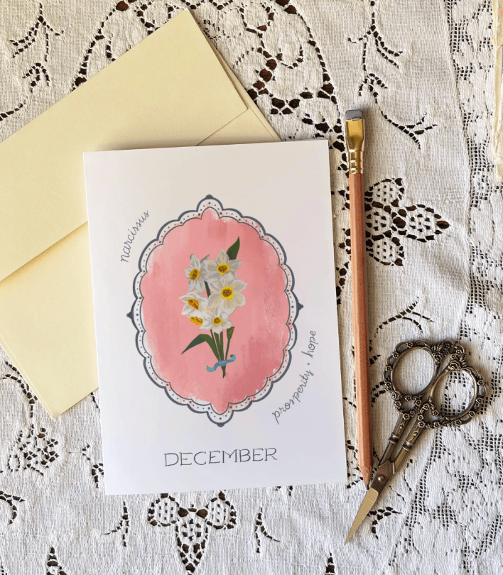 December birth flower hand painted greeting card - narcissus