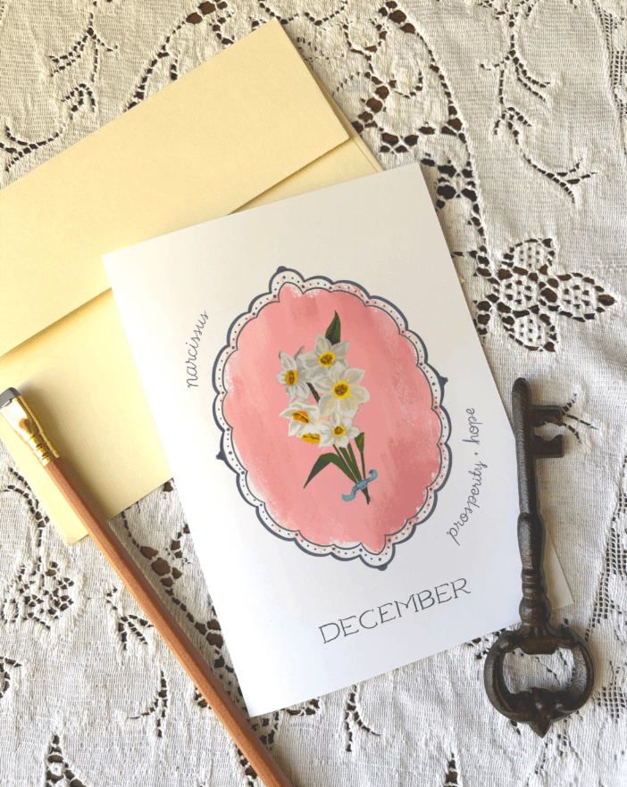 December birth flower hand painted greeting card - narcissus