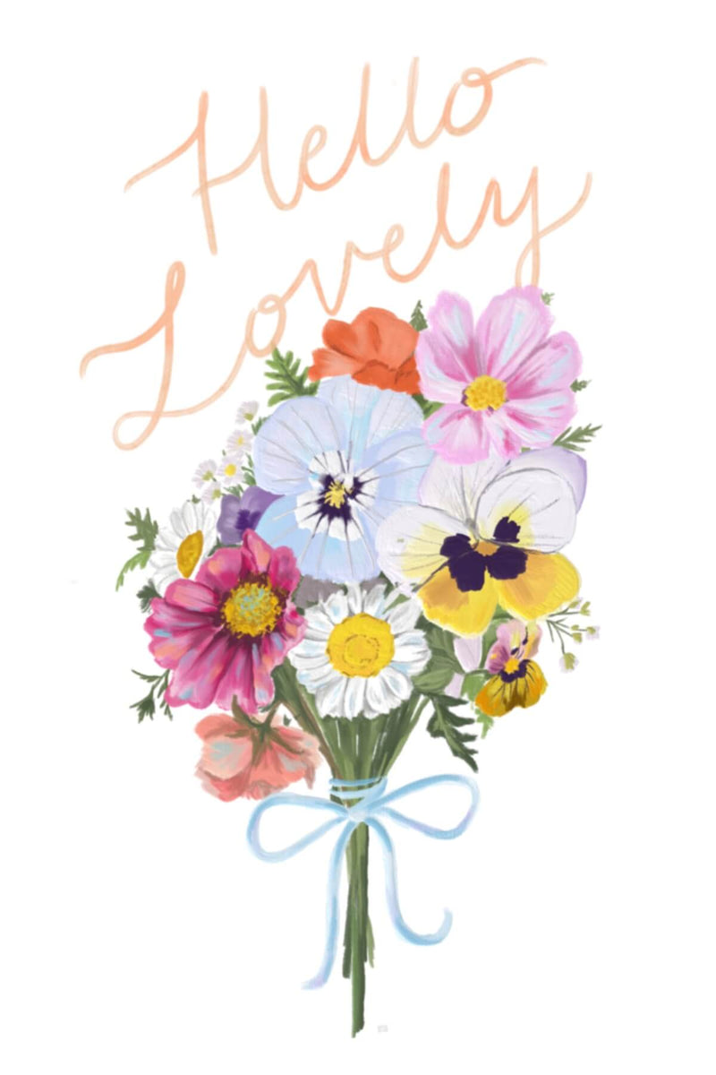 Colorful bouquet of flowers with 'Hello Lovely' text on a white background