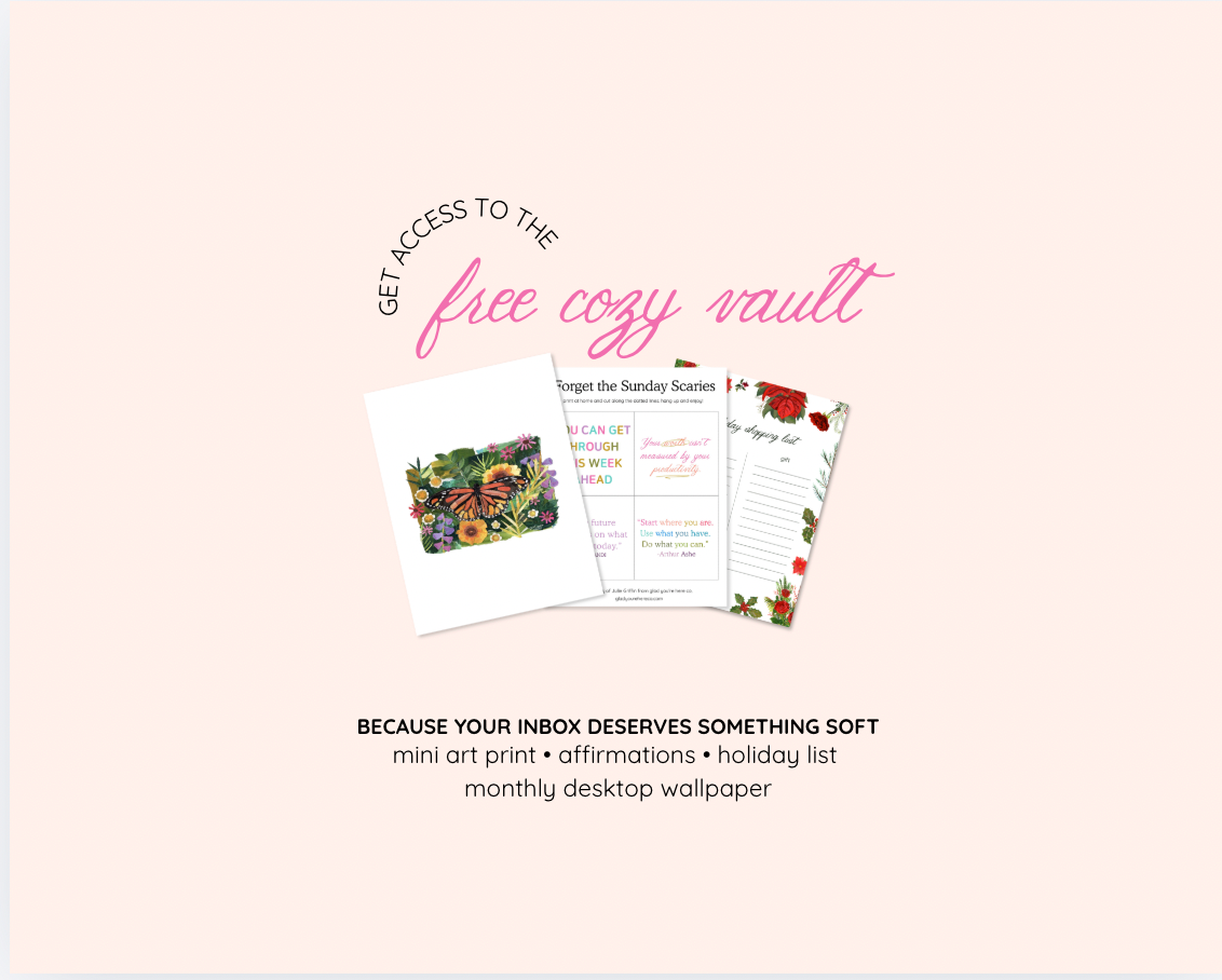 Promotional graphic for a free cozy vault with printables on a light pink background.