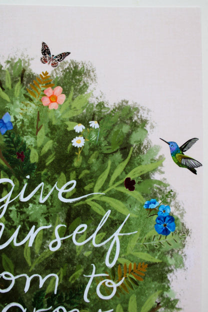 Collage of flowers, butterflies, and a hummingbird with text 'Give yourself room to bloom' on a white background.