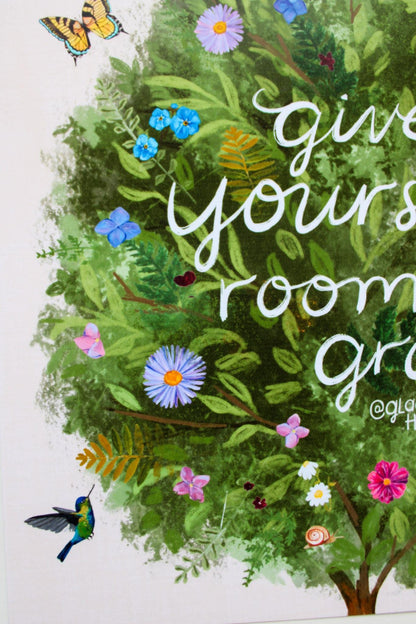 Decorative design with plants, flowers, and text on a white background