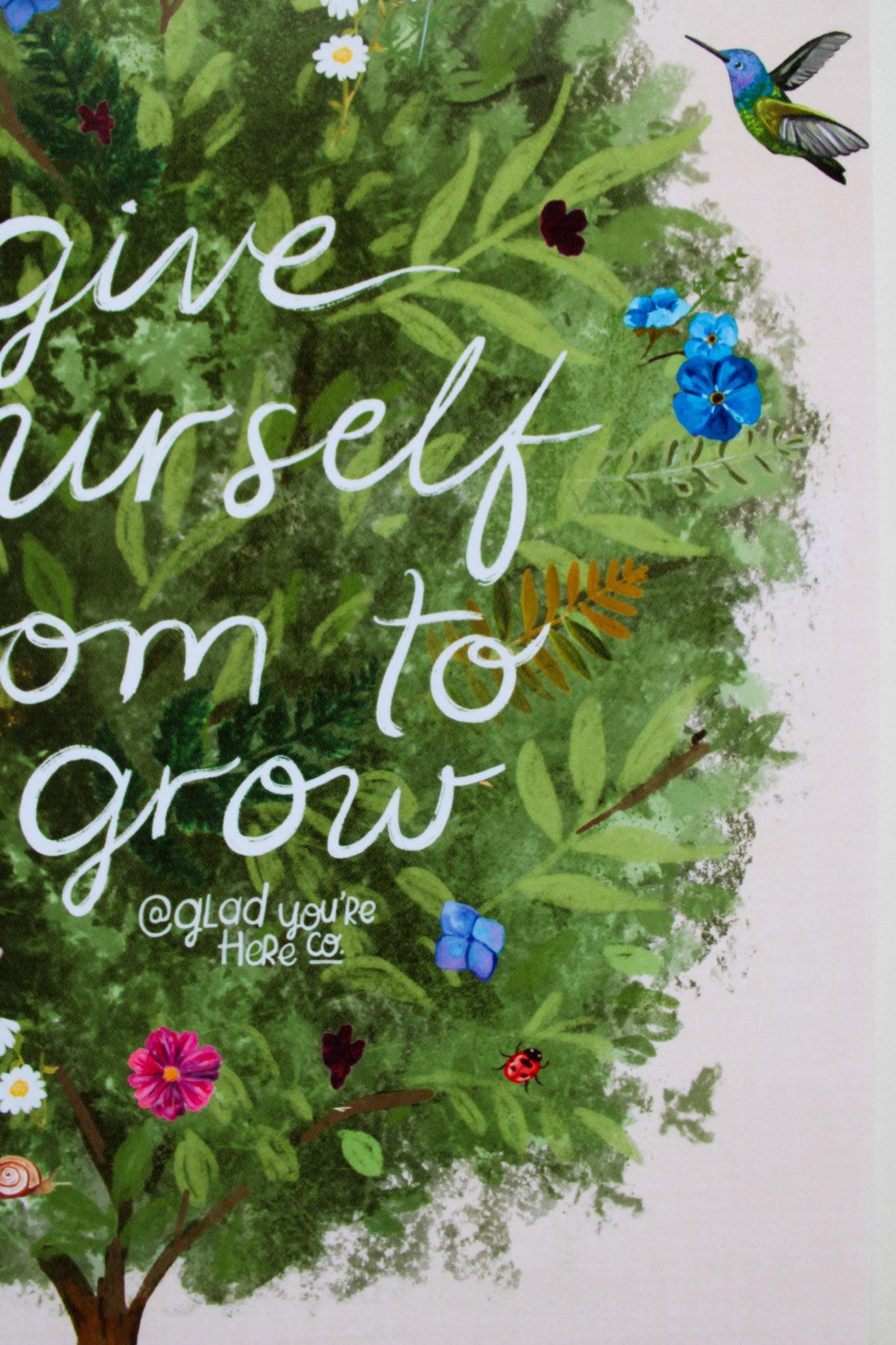 Motivational quote 'Give yourself room to grow' surrounded by nature elements like flowers and a hummingbird.