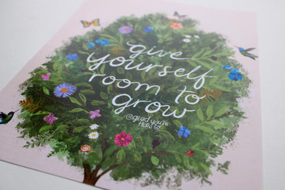 Card with a tree illustration and 'give yourself room to grow' text on a white background