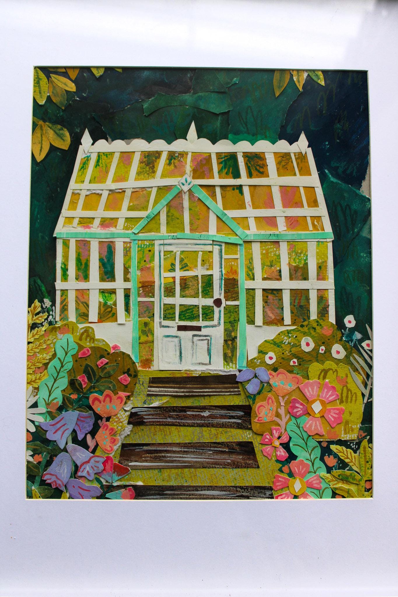 Artistic depiction of a greenhouse with floral decorations on a white background