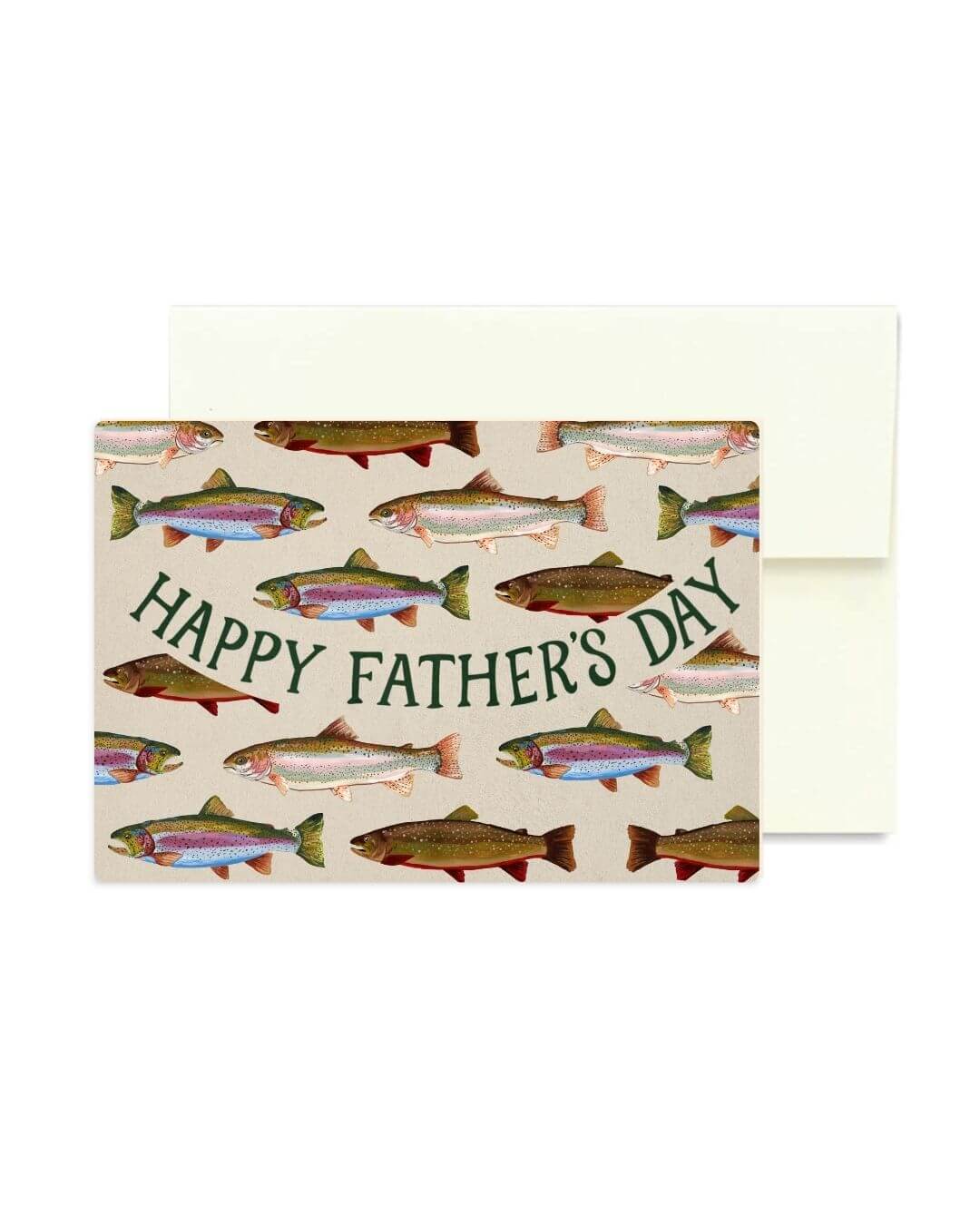 A Father's Day greeting card with a pattern of illustrated fish on a cream background and the words 'HAPPY FATHER'S DAY' in dark green script, shown with a matching cream envelope behind it.