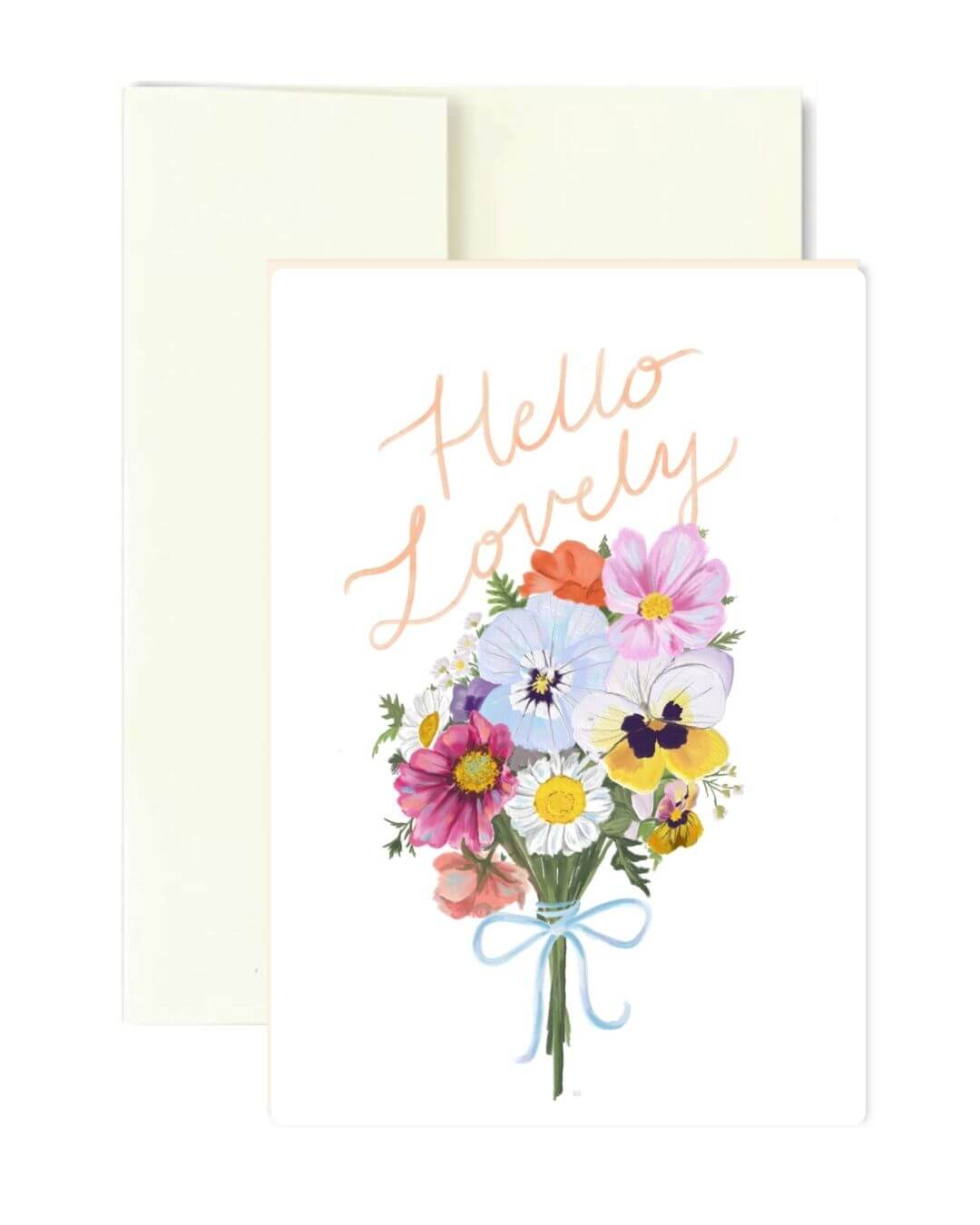 A white greeting card with the words 'Hello Lovely' in metallic rose-gold script above a watercolor bouquet of multicolored flowers, shown with a cream envelope behind it on a white background.