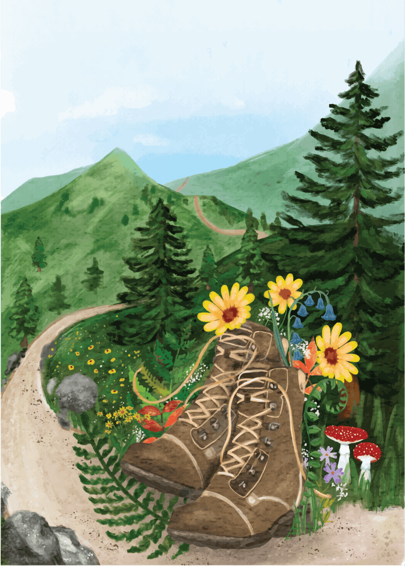 hiking boots with flowers artwork on a hiking trail
