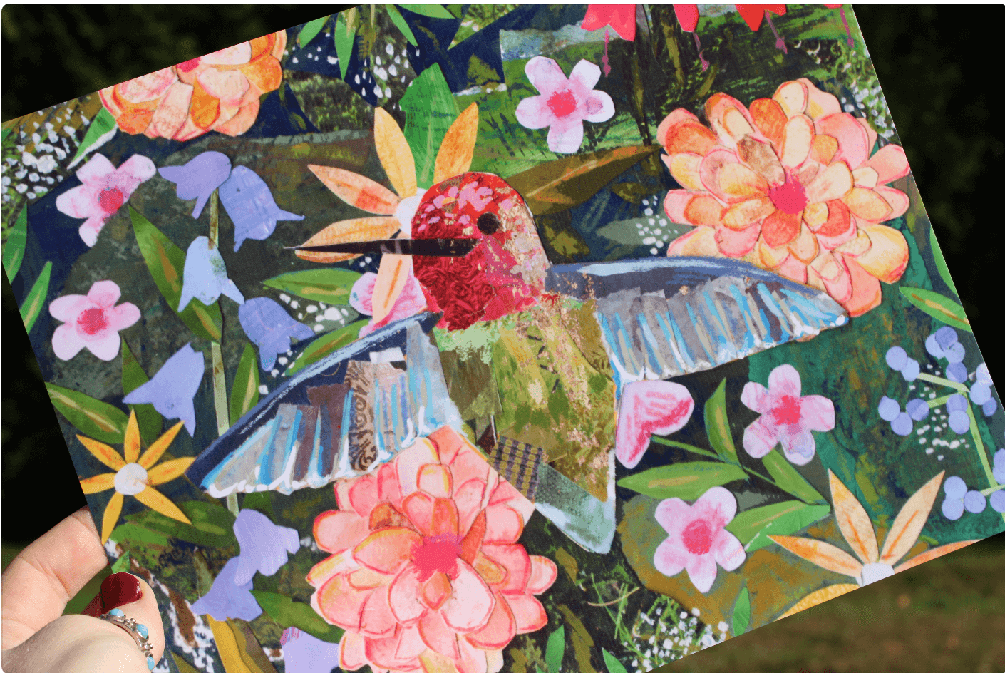 Collage of a hummingbird and flowers held by a hand