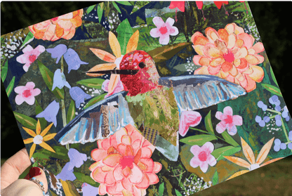 Collage of a hummingbird and flowers held by a hand