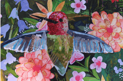 Colorful mosaic of a hummingbird and flowers