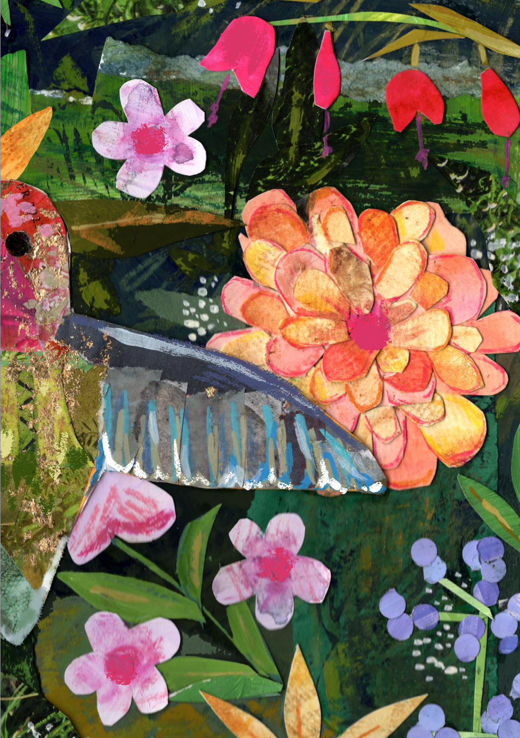 Colorful collage of flowers, a fish, and a birdhouse with a garden background.