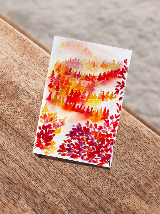 Autumn / Fall Leaves Landscape Watercolor Card