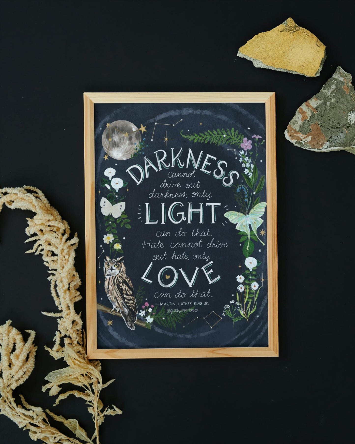 Darkness Cannot Drive Out Darkness Hand-Lettered Art Print | MLK Jr. Inspirational Quote with Owl, Luna Moth, and Moon | Navy Wall Decor