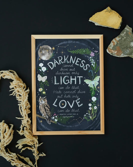 Darkness Cannot Drive Out Darkness Hand-Lettered Art Print | MLK Jr. Inspirational Quote with Owl, Luna Moth, and Moon | Navy Wall Decor